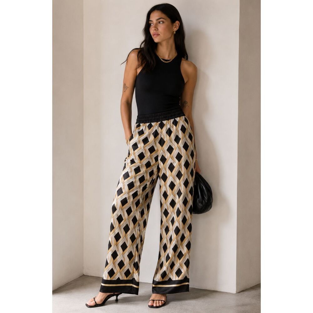 Mango Geometric Satin Pants Women’s M Black Beige Wide Leg Pull On NWOT
